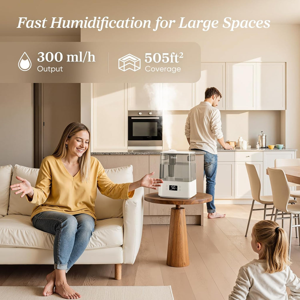 Levoit Humidifiers For Bedroom Large Room, 6L, 60H Runtime, 26Db, Smart App | Top Fill Cool Mist Humidifier For Baby & Plants, Easy To Clean, Essential Oil, Rapid Humidification & Auto Mode, Sleep Mode