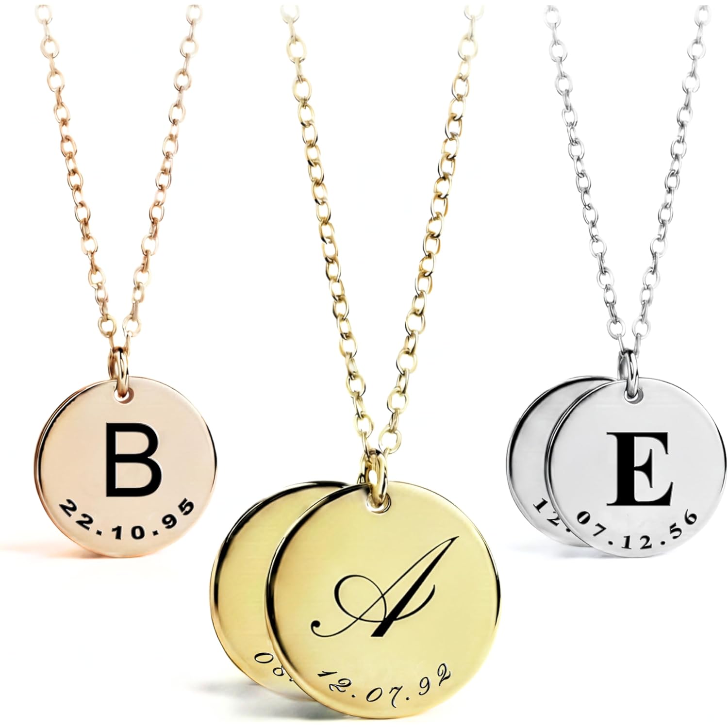 MignonandMignon Personalized Initial Necklace with Date Engraved | Gold Coin Disc Pendant for Women | Dainty Letter Necklace Gift for Mom Teen Girls Mothers Day Birthday