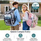 Clear Backpack For School - 18 Inch Extra Large Clear Bookbag Black | Heavy Duty 0.5Mm Pvc, 2 Large Compartments, Fit 16" Laptop, Reinforced 900D Oxford Base, Padded Straps And Back, Age 12+