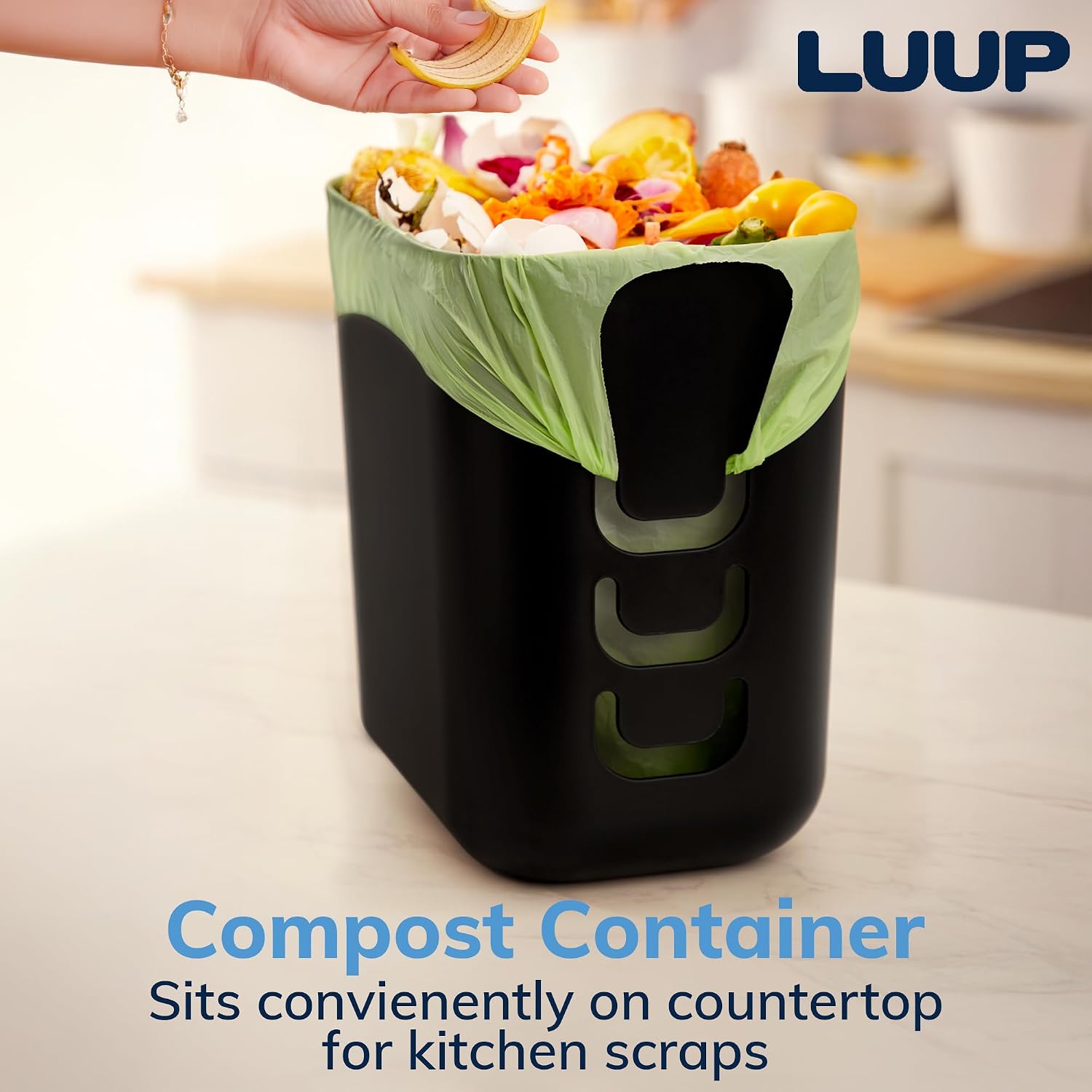 Stori Luup Trash Can (Black) - Reuse Grocery Bags - Plastic Garbage Container For Bathroom, Vanity, Laundry Room, Kitchen, Office, Garage - 2.5 Gallon Wastebasket With Hooks To Secure Trash Bags