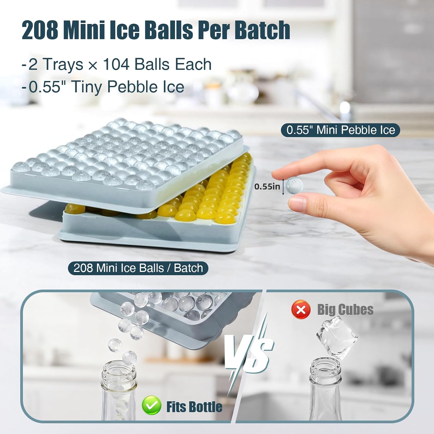 Mini Ice Cube Trays For Freezer With Lid, 0.55" Pebble Ice | 2 Trays-Blue, With Ice Box & Scoop. For Iced Coffee, Bottles, Juice & Everyday Drinks, Easy Twist Release, Stackable