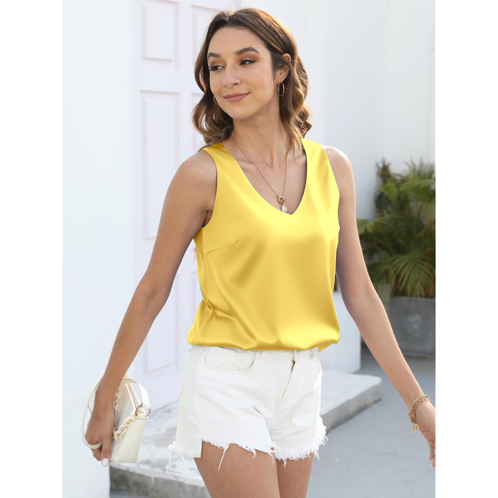 Satin Tank Tops for Women Loose Fit Sleeveless V Neck Cami Camisole Blouses Shirt Top