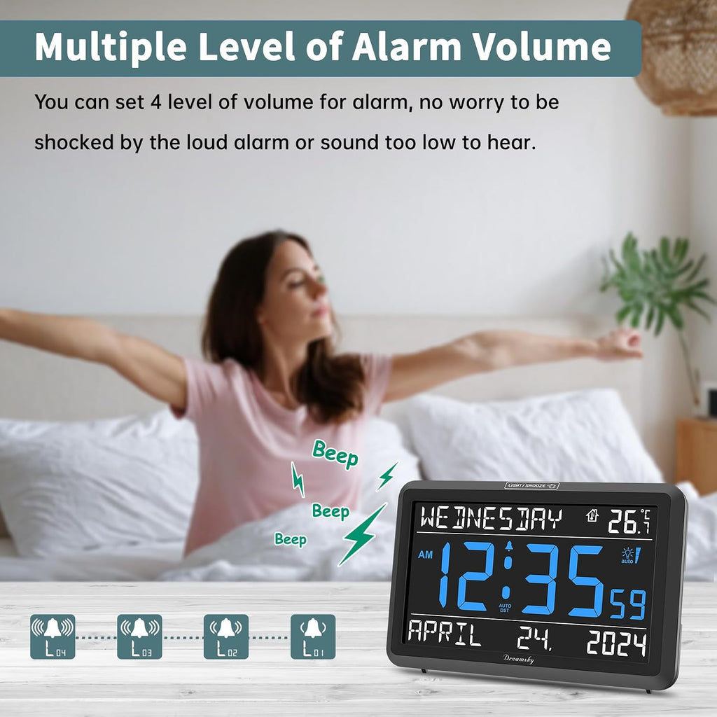 Dreamsky Large Digital Clock With Date And Day Of Week For Seniors | Electric Desk Clock For Elderly, Bedroom Alarm Clock With Battery Backup, Dimmer, Usb, Auto Dst, Temperature, Volume Control