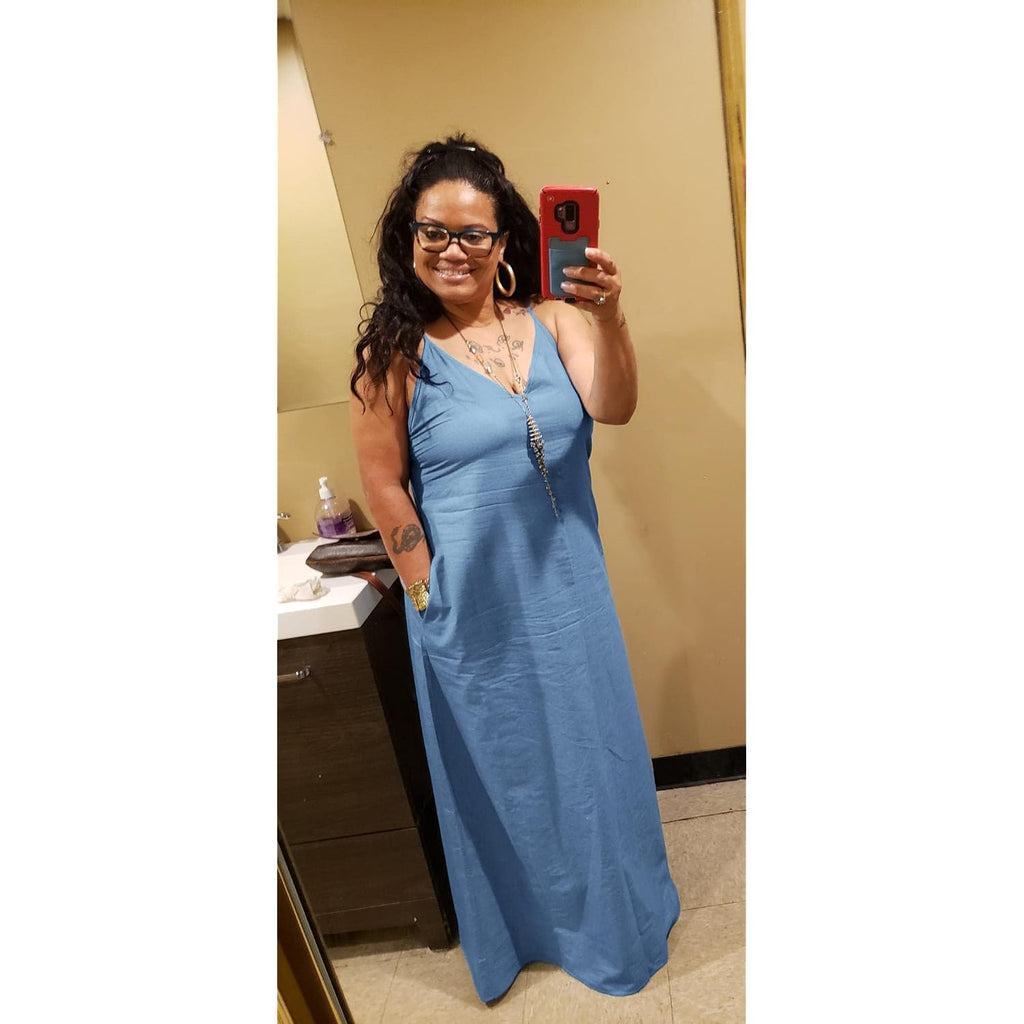 Chuanqi Womens Summer Spaghetti Strap Dresses Casual Denim Deep V Neck Loose Maxi Dress