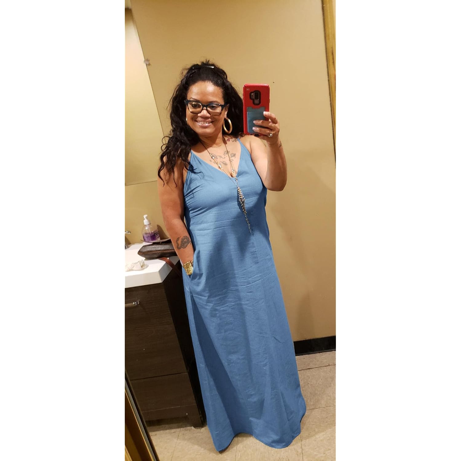 Chuanqi Womens Summer Spaghetti Strap Dresses Casual Denim Deep V Neck Loose Maxi Dress