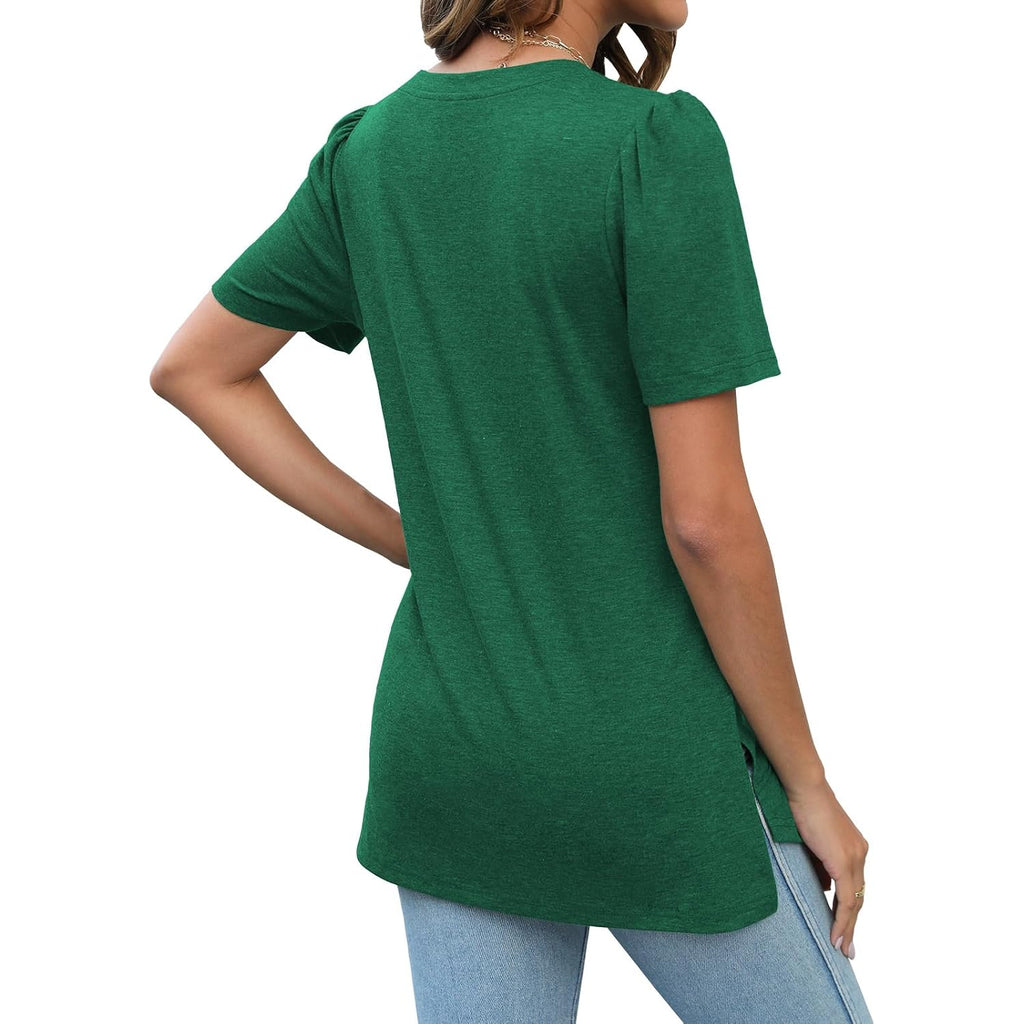 Jomedesign Summer Tops For Women Short Sleeve V Neck Shirts Side Split Loose Casual Tunic Tops