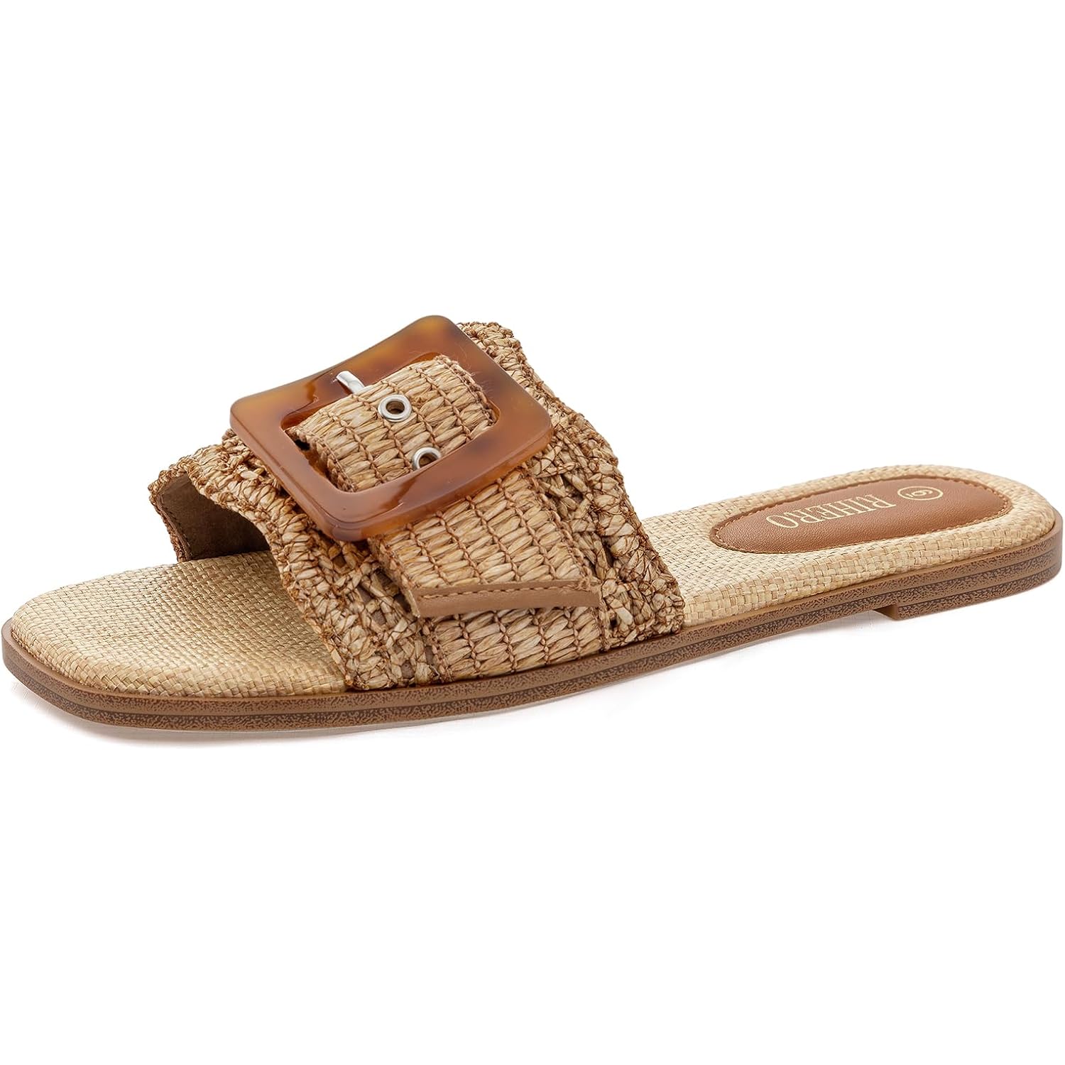 Rihero Women'S Raffia Flat Sandals Square Open Toe Summer Beach Slip On Woven Buckle Slide Sandals