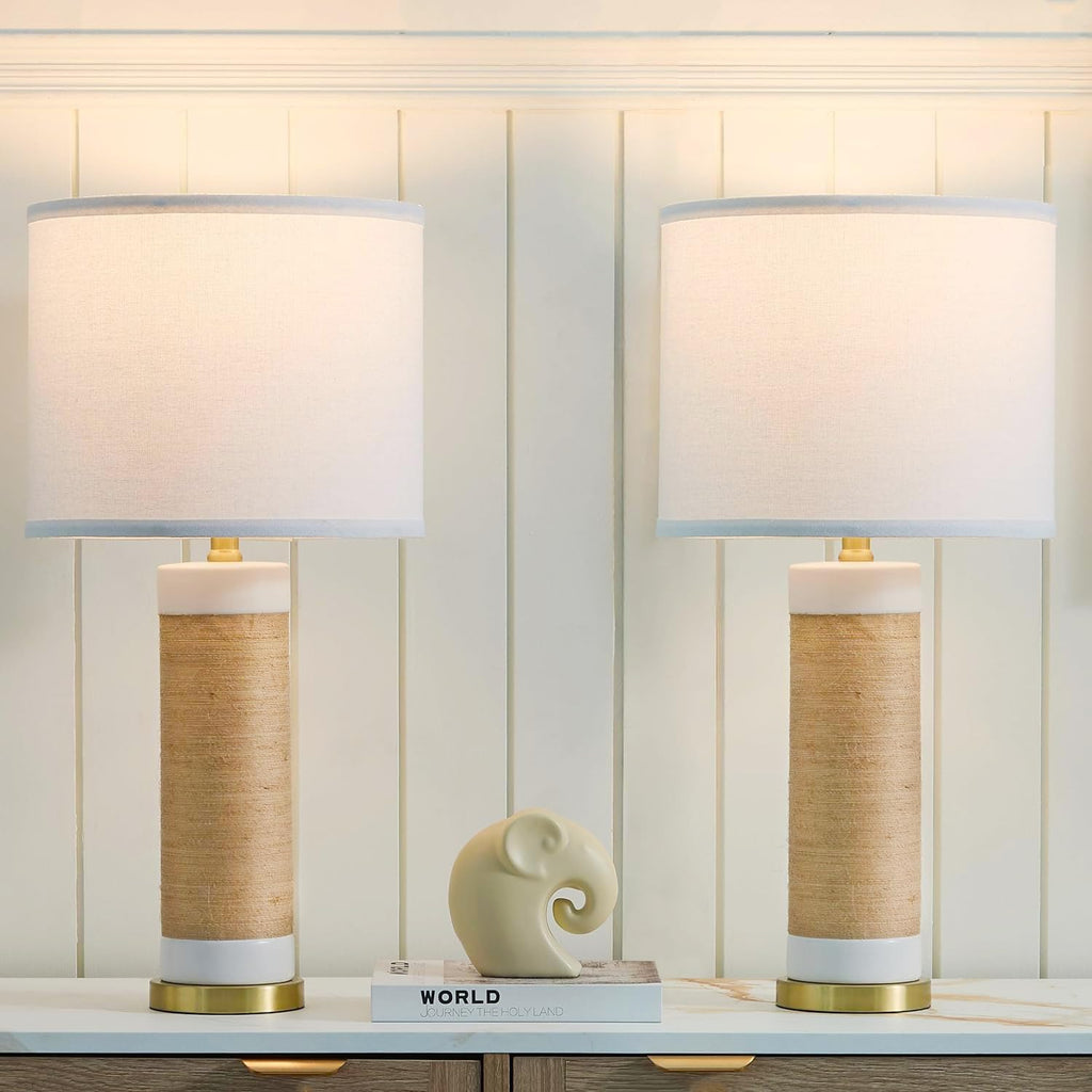 25.75" Rattan Ceramic Table Lamps, Wicker Lamps Set Of 2 For Bedroom, White | Rattan & White Ceramic Lamps, Stable Durable Gold Base, Farmhouse & Boho Home Decor, For Living Room, End Table, Sofa Table