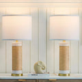 25.75" Rattan Ceramic Table Lamps, Wicker Lamps Set Of 2 For Bedroom, White | Rattan & White Ceramic Lamps, Stable Durable Gold Base, Farmhouse & Boho Home Decor, For Living Room, End Table, Sofa Table