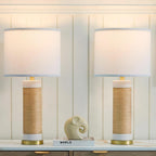 25.75" Rattan Ceramic Table Lamps, Wicker Lamps Set Of 2 For Bedroom, White | Rattan & White Ceramic Lamps, Stable Durable Gold Base, Farmhouse & Boho Home Decor, For Living Room, End Table, Sofa Table