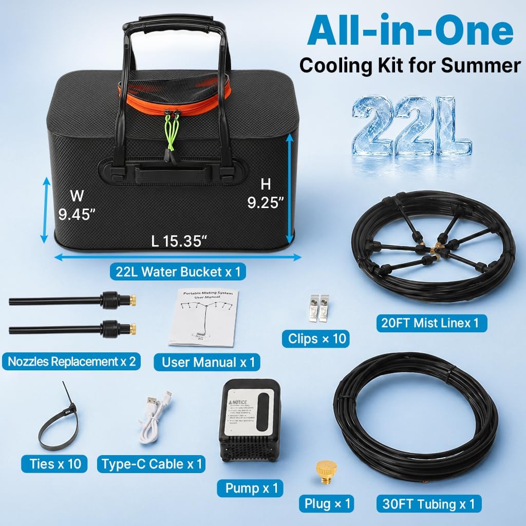 50Ft Portable Misting System For Cooling, Misters For Outside Patio With 5.8Gal/22L Foldable Tank, 5200Mah Pump (Ipx8) & 8 Adjustable Brass Nozzles For Umbrella, Camping, Golf Cart, Sport