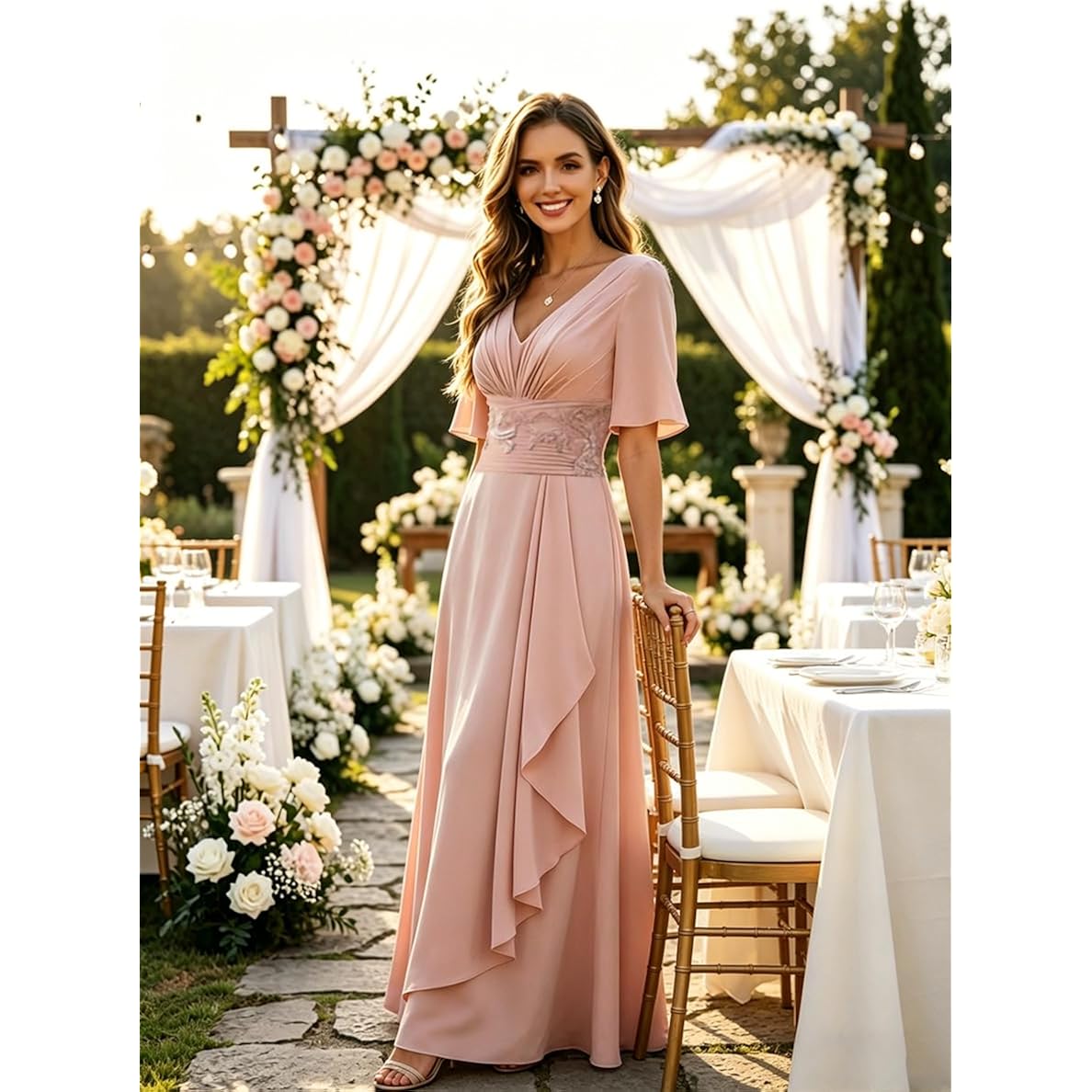 Mother Of The Bride Dresses For Women 2026 Long Chiffon V Neck A Line Lace Appliques Short Sleeves Formal Evening Gown