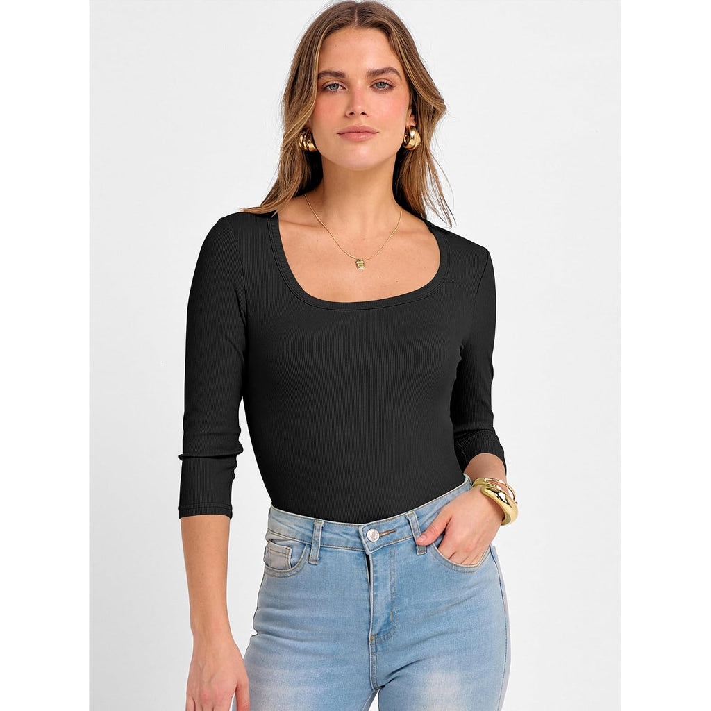 Anrabess Womens 3/4 Sleeve Scoop Neck Tops Ribbed Knit Slim Fitted Casual Basic Tee Shirts 2026 Fall Trendy Going Out T-Shirt