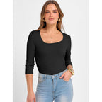Anrabess Womens 3/4 Sleeve Scoop Neck Tops Ribbed Knit Slim Fitted Casual Basic Tee Shirts 2026 Fall Trendy Going Out T-Shirt