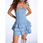 Wdirara Women'S Strapless Layered Ruffle Denim Dress Bandeau Slim Fit Mini Dresses