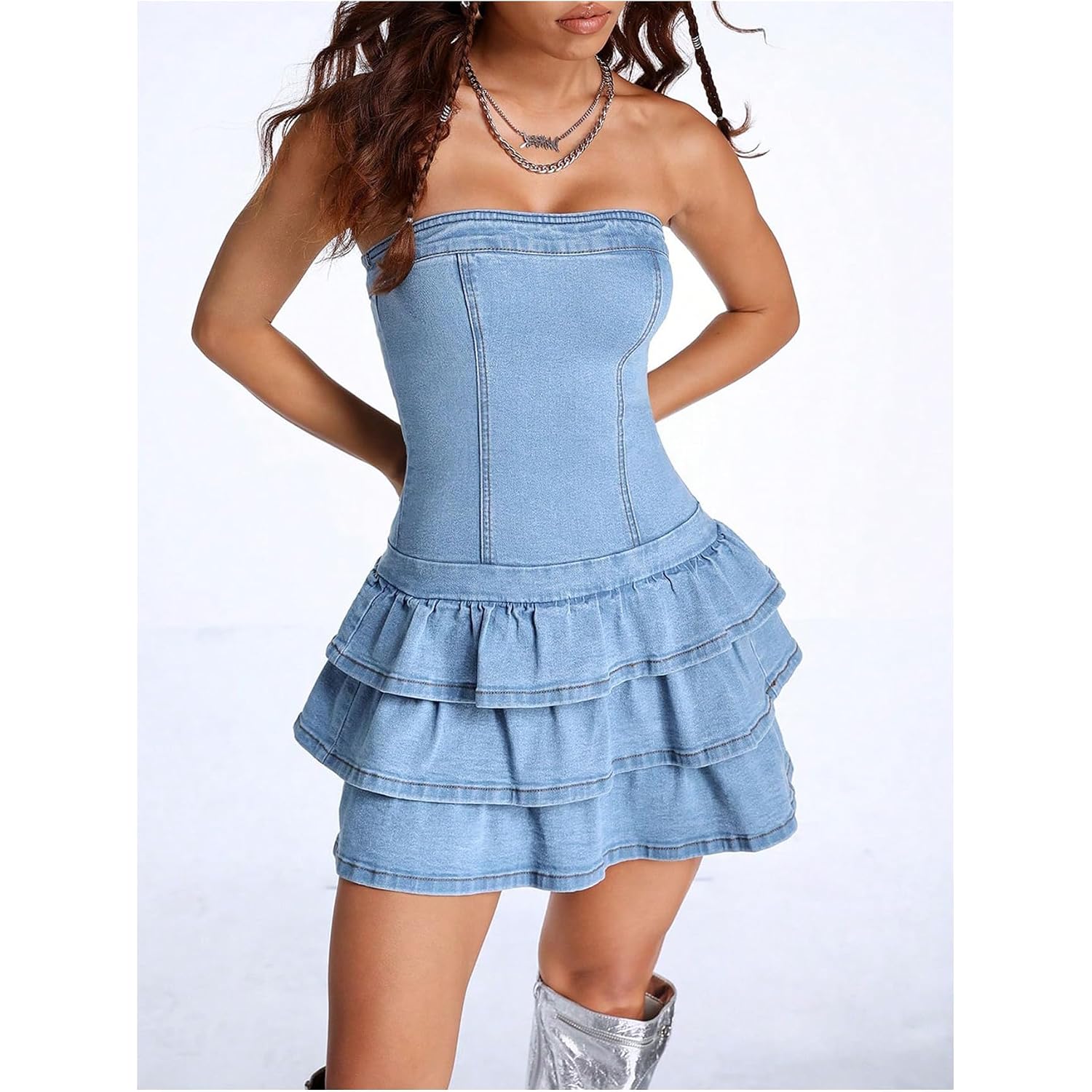 Wdirara Women'S Strapless Layered Ruffle Denim Dress Bandeau Slim Fit Mini Dresses
