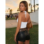 Trendy Queen Womens Double Lined Halter Tops Self Tie Backless Crop Tank Top For Summer Going Out