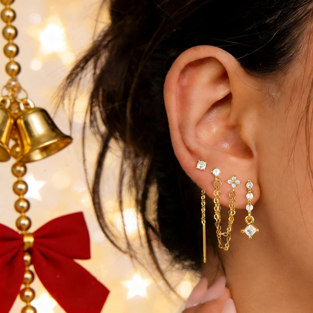 Moodear Dangle Earrings 3/4 Pairs Dainty 14K Gold Plated Earrings for Women Trendy Chain Earring Stacks Set Cubic Zirconia Drop Hoop Stud Hypoallergenic Earrings for Women Jewelry Gifts