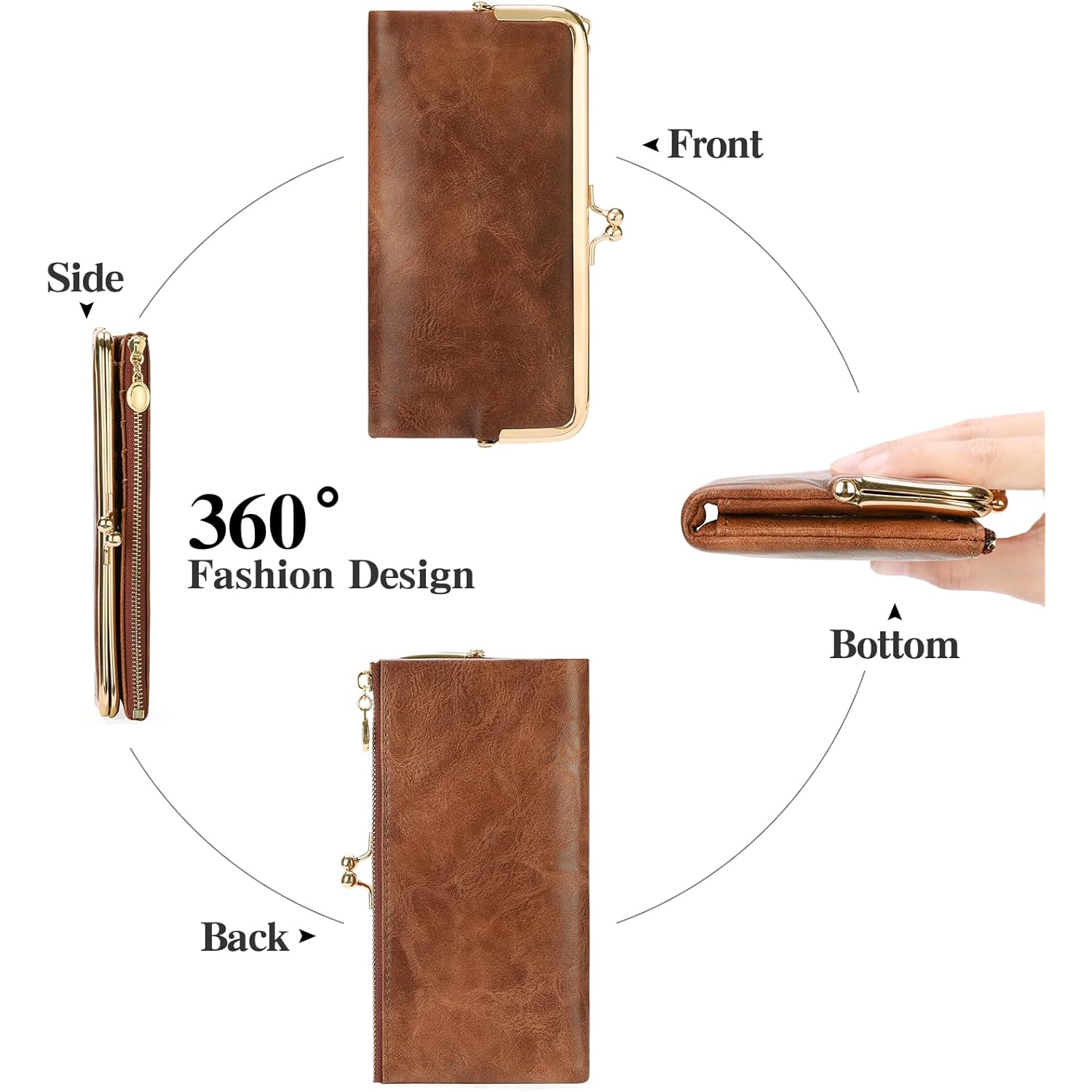 GOIACII Womens Wallet Ladies Vintage Billfold Compact Card Holder Long Zip Clutch Purse with Kiss Lock Brown