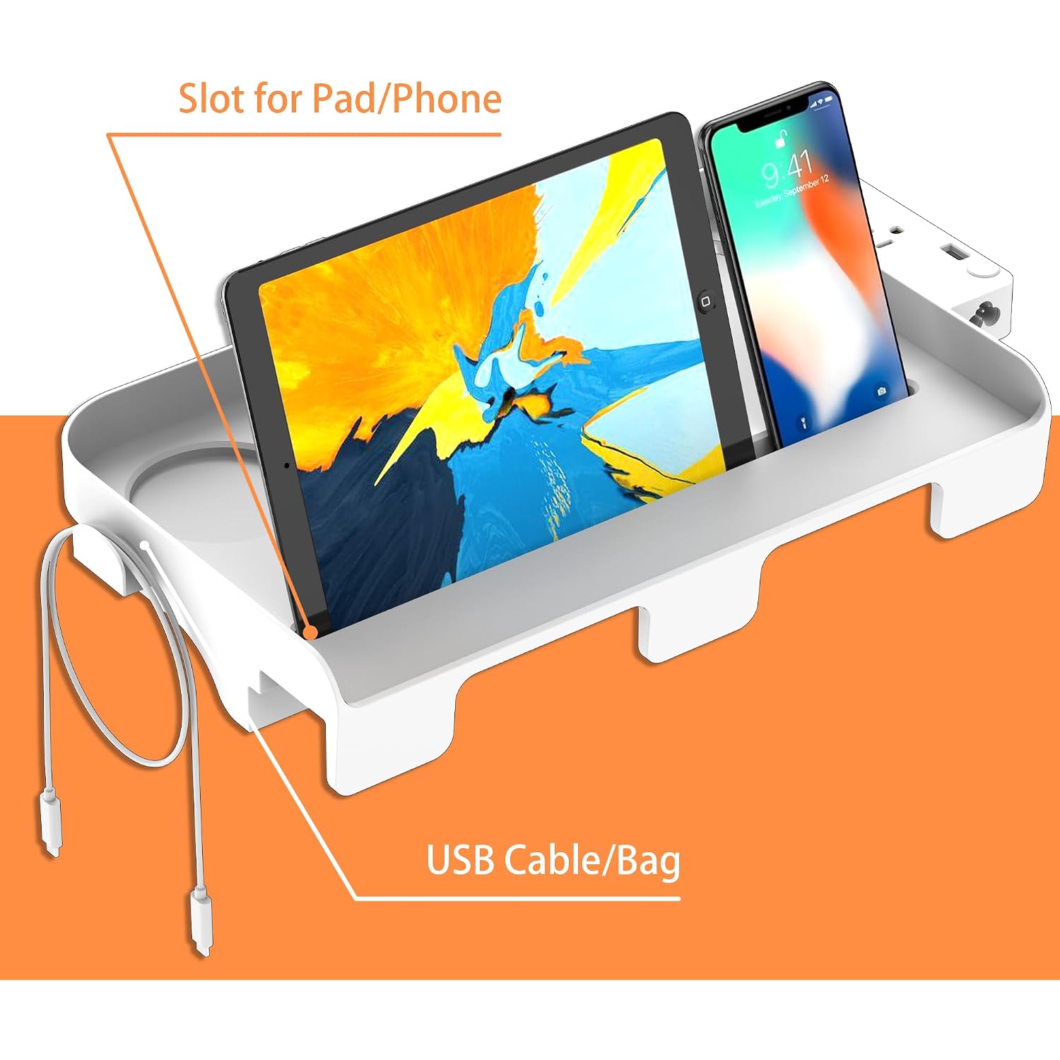 Hiree Bedside Shelf For Dorm Bunk Bed With Usb Charging Port And 2 Ac Outlets, Bedside Caddy, Bunk Bed Extender, Attachable Bedside Table, College Dorm Essential Clip On Bedside Tray, Plus Size, White