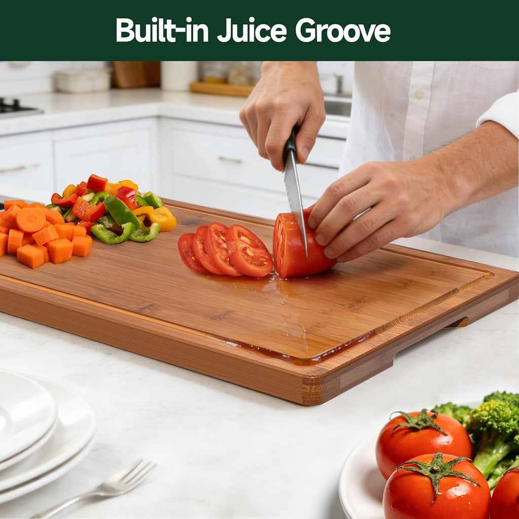 3-Piece Set Deep-Carbonized Bamboo Cutting Board For Kitchen - Crack-Resistant Wood Chopping Boards With Deep Juice Grooves, Pre-Oiled Butcher Block For Meat, Vegetables & Cheese, Carbonized