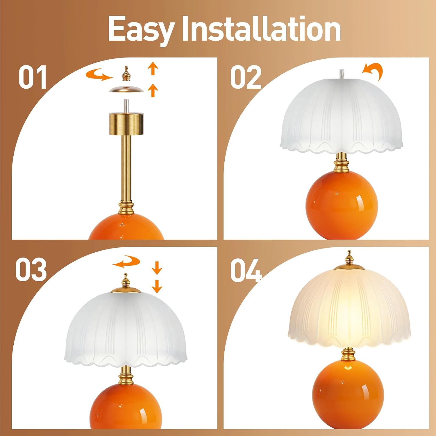 Mushroom Table Lamp, Ceramic Bedside Lamp With Glass Shade, 3-Way Lighting (2700K-5000K) Rocker Switch, Small Nightstand Lamp For Bedroom, Living Room, Office, Orange