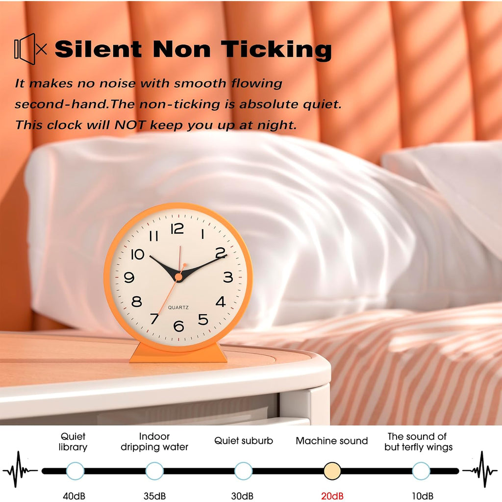 Ayrely® 4.5" Analog Alarm Clock,Small Retro Desk Clock Battery Operated,Silent Metal Table Clock With Light For Living Room Decor,Bedroom,Bedside,Shelf (Orange-Yellow)