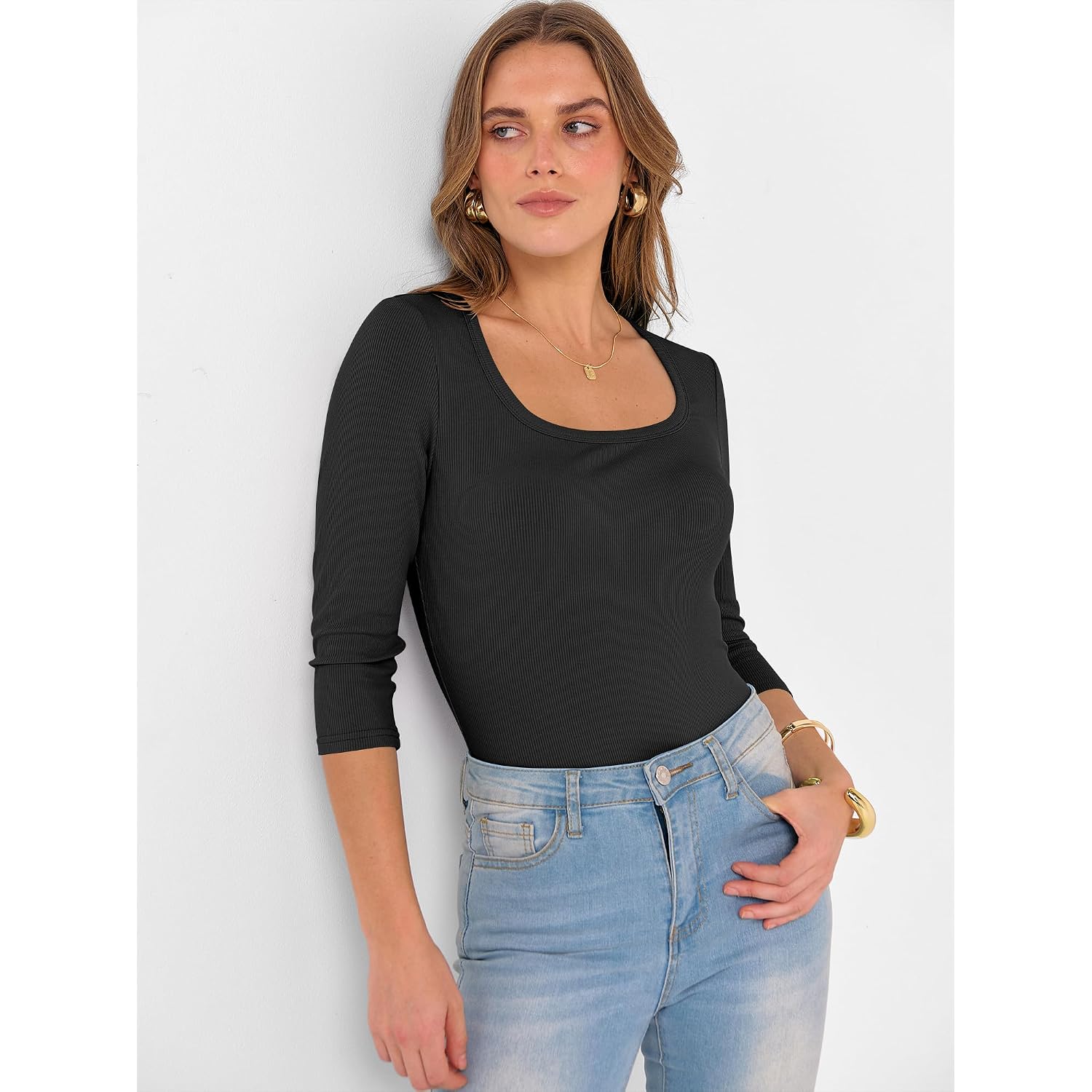 Anrabess Womens 3/4 Sleeve Scoop Neck Tops Ribbed Knit Slim Fitted Casual Basic Tee Shirts 2026 Fall Trendy Going Out T-Shirt