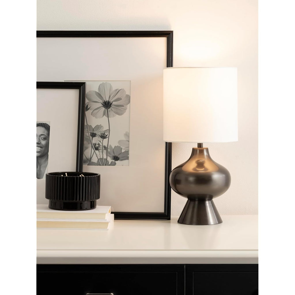 Kate And Laurel Bahira Modern Metal Bedside Table Lamp, 8 X 8 X 17, Gunmetal, Sculptural Decorative Tabletop Desk Lamp With Linen Shade For Living Room Decor