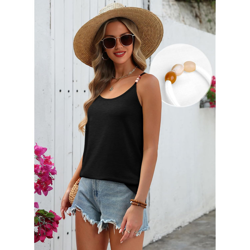 Tank Tops for Women Beaded Spaghetti Strap Cami Flowy Scoop Neck Sleeveless Summer Beach Vacation Spring Clothes