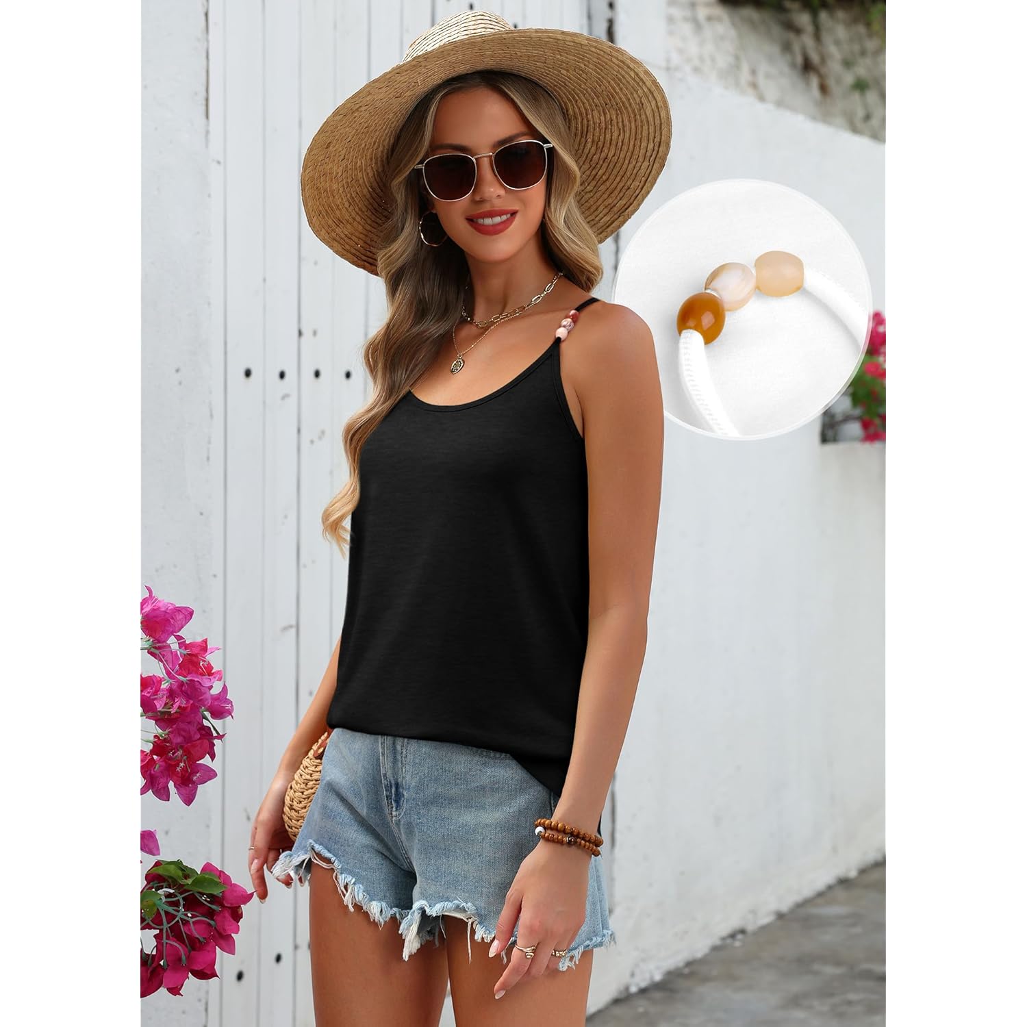Tank Tops for Women Beaded Spaghetti Strap Cami Flowy Scoop Neck Sleeveless Summer Beach Vacation Spring Clothes