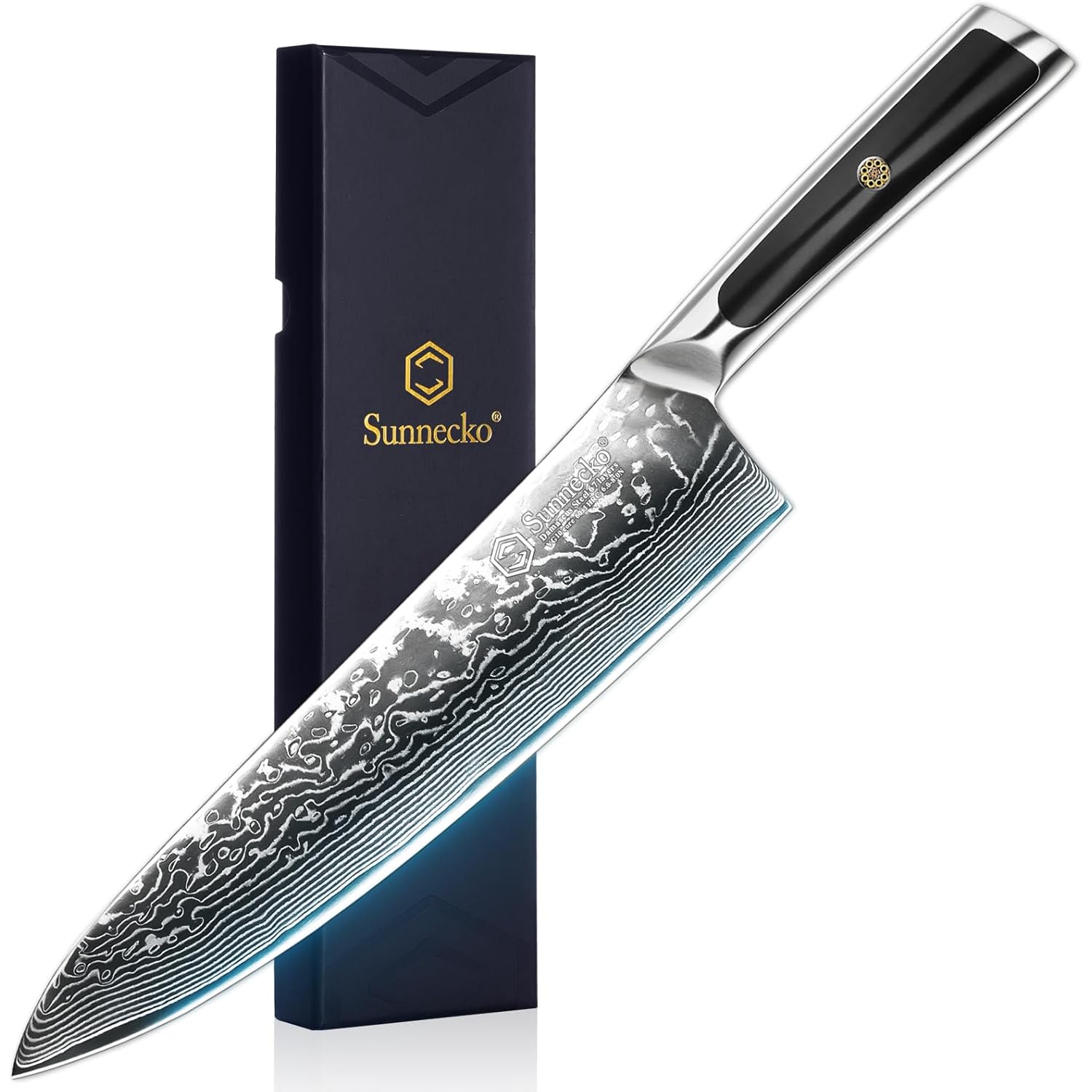 Sunnecko 8 Inch Japanese Damascus Chef Knife - Ultra Sharp 10-12 Degree Edge VG10 67 Layers Kitchen Cooking Knives for Meat, Vegetable & Fruit, Full Tang Forged Blade, Premium Father Day Gift Box