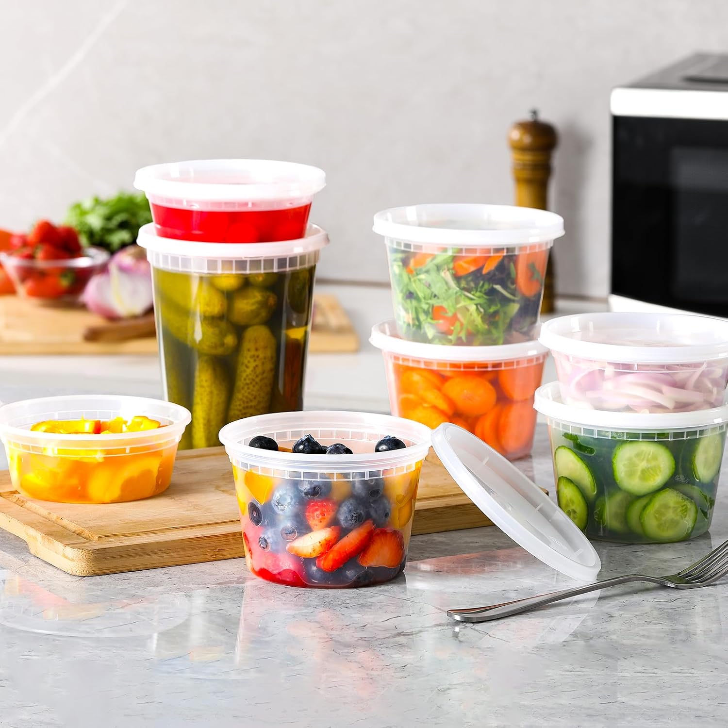 Aozita 24 Sets Plastic Deli Food Containers With Lids, 8 Oz 16Oz 32Oz Variety Pack, Airtight Food Storage Containers, Freezer/Dishwasher/Microwave Safe, Soup Containers For Takeout Food Storage