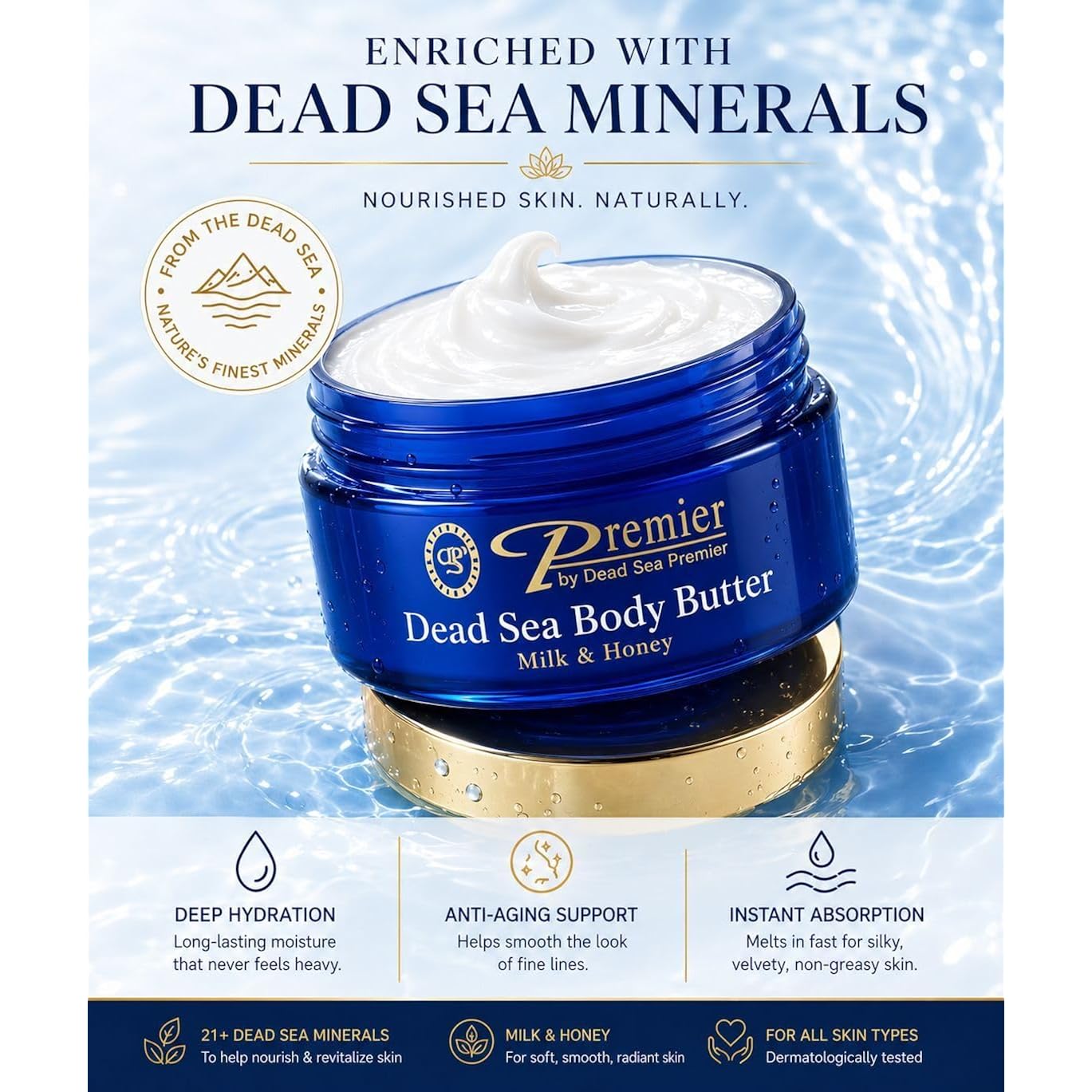 Premier Dead Sea Anti-Aging Body Cream - Deep Moisturizing Body Butter For Dry Skin With Dead Sea Minerals, Firming Lotion For Women, Luxury Skin Care (Milk & Honey, 5.95 Fl Oz)