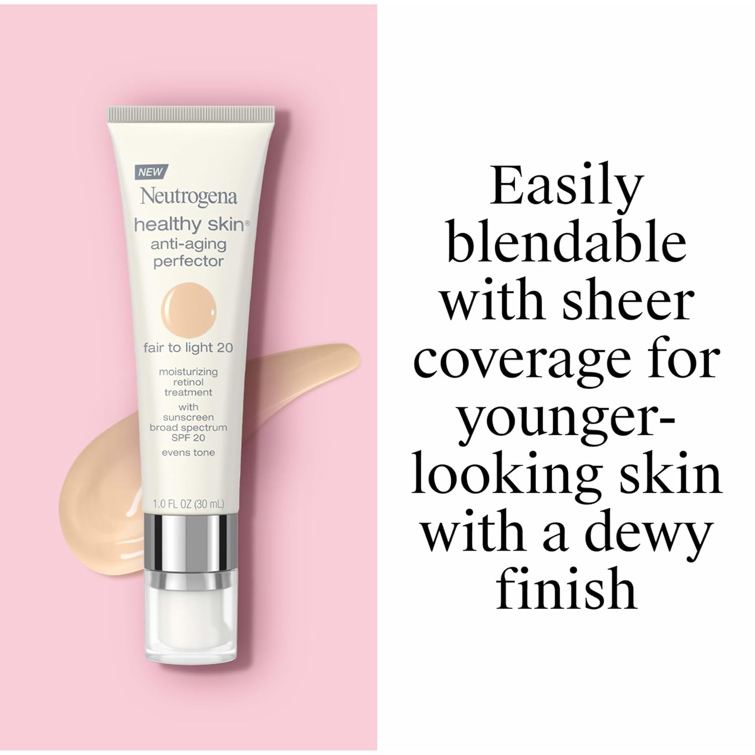Neutrogena Retinol Treatment and Tinted Facial Moisturizer, Healthy Skin Anti-Aging Perfector with Broad Spectrum SPF 20 Sunscreen with Titanium Dioxide, 20 Fair to Light, 1 fl. oz