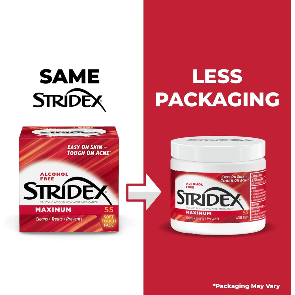 Stridex Medicated Acne Pads, Maximum, 55 Count – Facial Cleansing Wipes, Alcohol Free, Acne Treatment for Face, For Moderate Acne, Smooth Application
