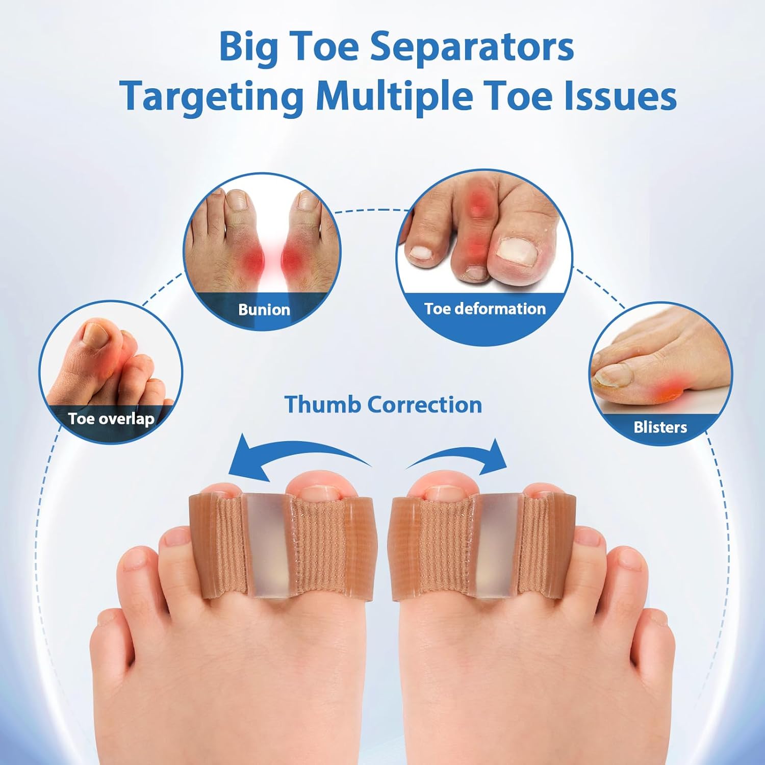 2-Pack Bunion Toe Separators for Overlapping Toes, 3-Point Support Gel Toe Spacers with 2 Fabric Lining Loops for Toe Protectors, Bunion Corrector for Women Men Big Toe(L)