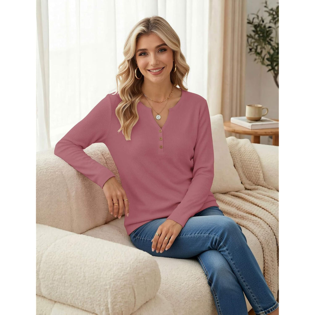 Zeagoo Women's Long Sleeve Waffle Knit Shirts Dressy Casual Loose Button Up V Neck Tops 2026 Fall Basic Tee Blouse