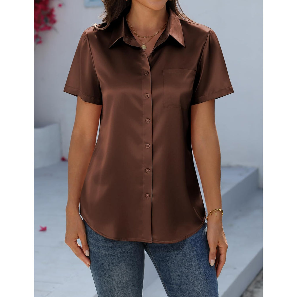 Zeagoo Satin Blouses For Women Silk Button Down Shirts Short Sleeve Business Casual Tops