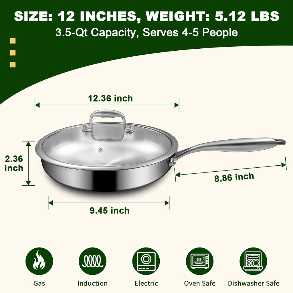 EWFEN 12 Inch Tri-Ply Stainless Steel Frying Pan, Compatible with All Cooktops Up to 600℉, Large Frying Pan with lids, Induction-Ready Skillet, Dishwasher and Oven Safe, Even Heat, 12" Skillet + Lid