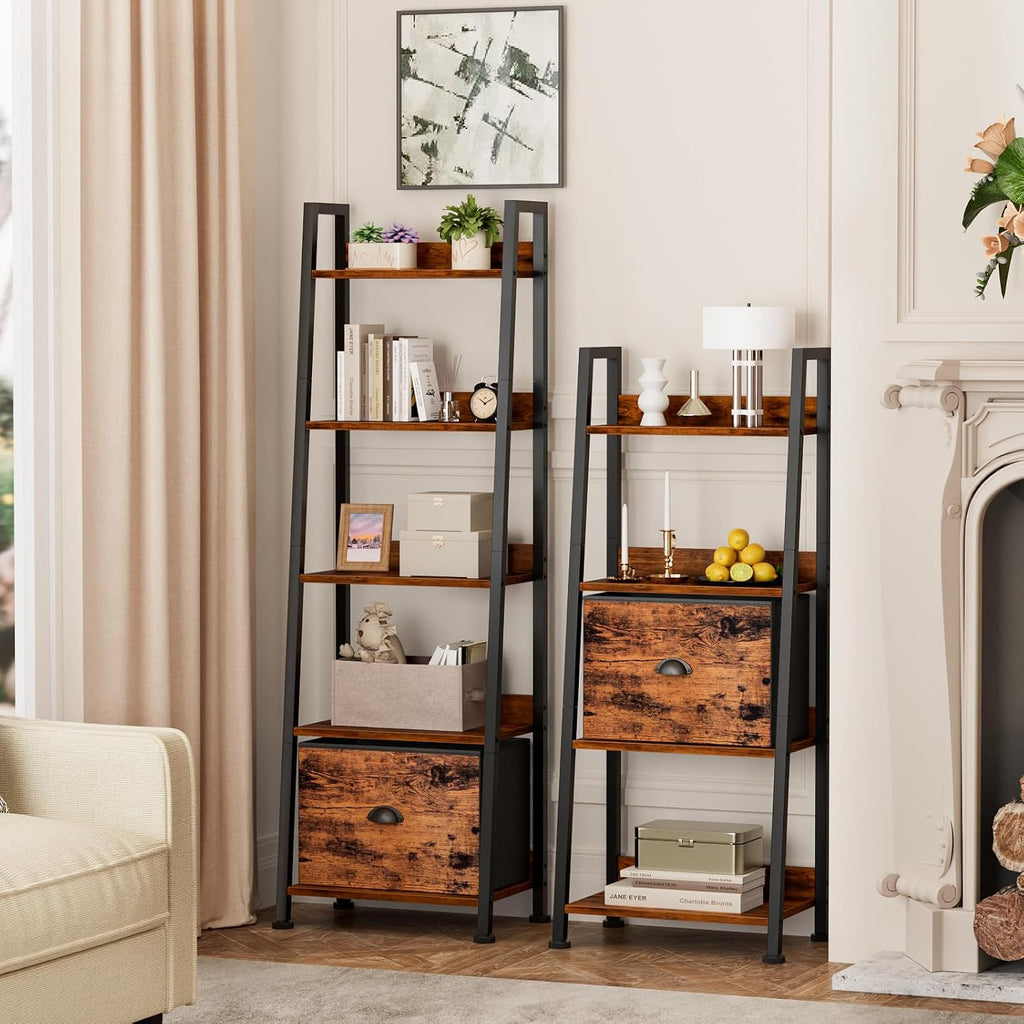 Furologee 5-Tier Ladder Shelf, Ladder Bookshelf With Removable Drawer, Rustic Bookcase Storage Rack Organizer, Wood Metal Freestanding Storage Shelf For Living Room, Home Office, Bedroom, Balcony