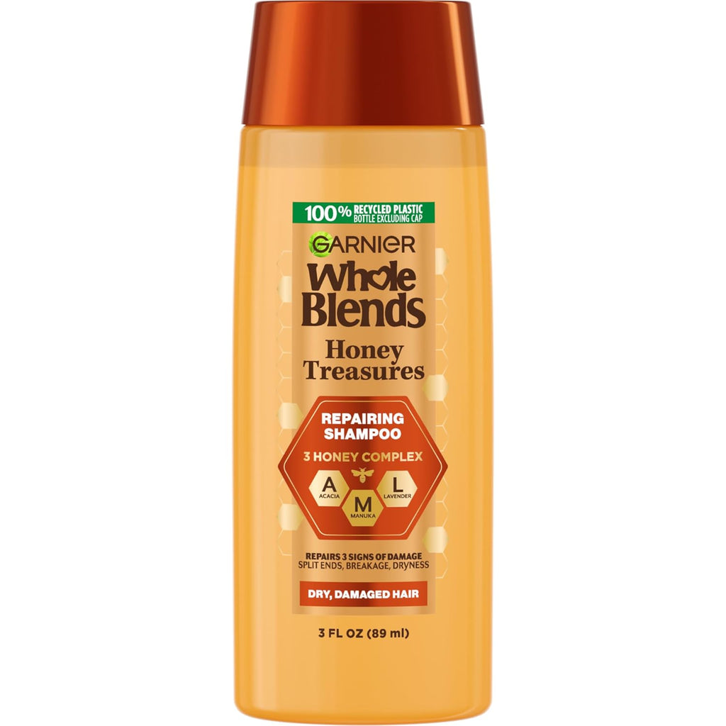 Garnier Whole Blends Honey Treasures Repairing Shampoo, For Dry, Damaged Hair, 3 Fl Oz (Travel Size), 1 Count (Packaging May Vary)