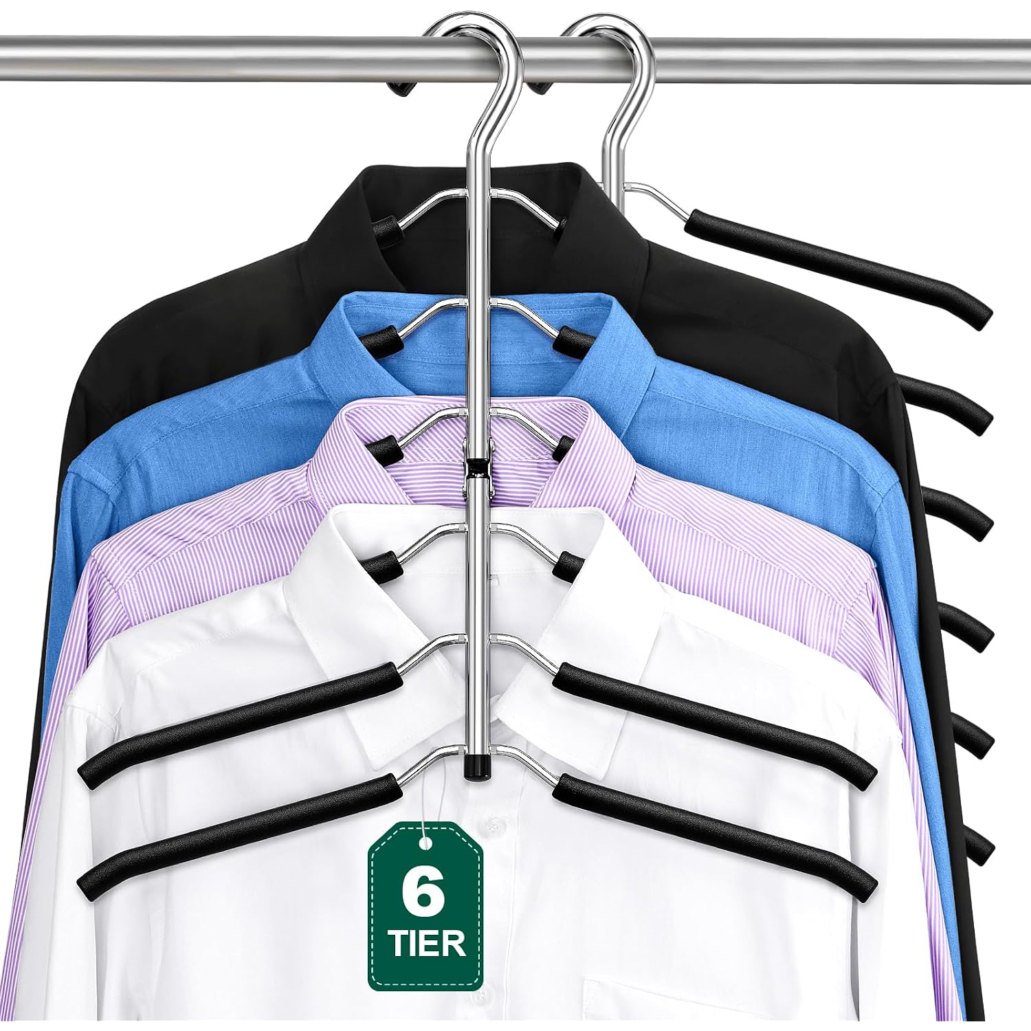 Doiown Space Saving 6 Tier Coat Hangers - Non Slip Foam Padded, Black Metal Sweater & T Shirt Hangers For Men & Women, 2 Pack Closet Organizers