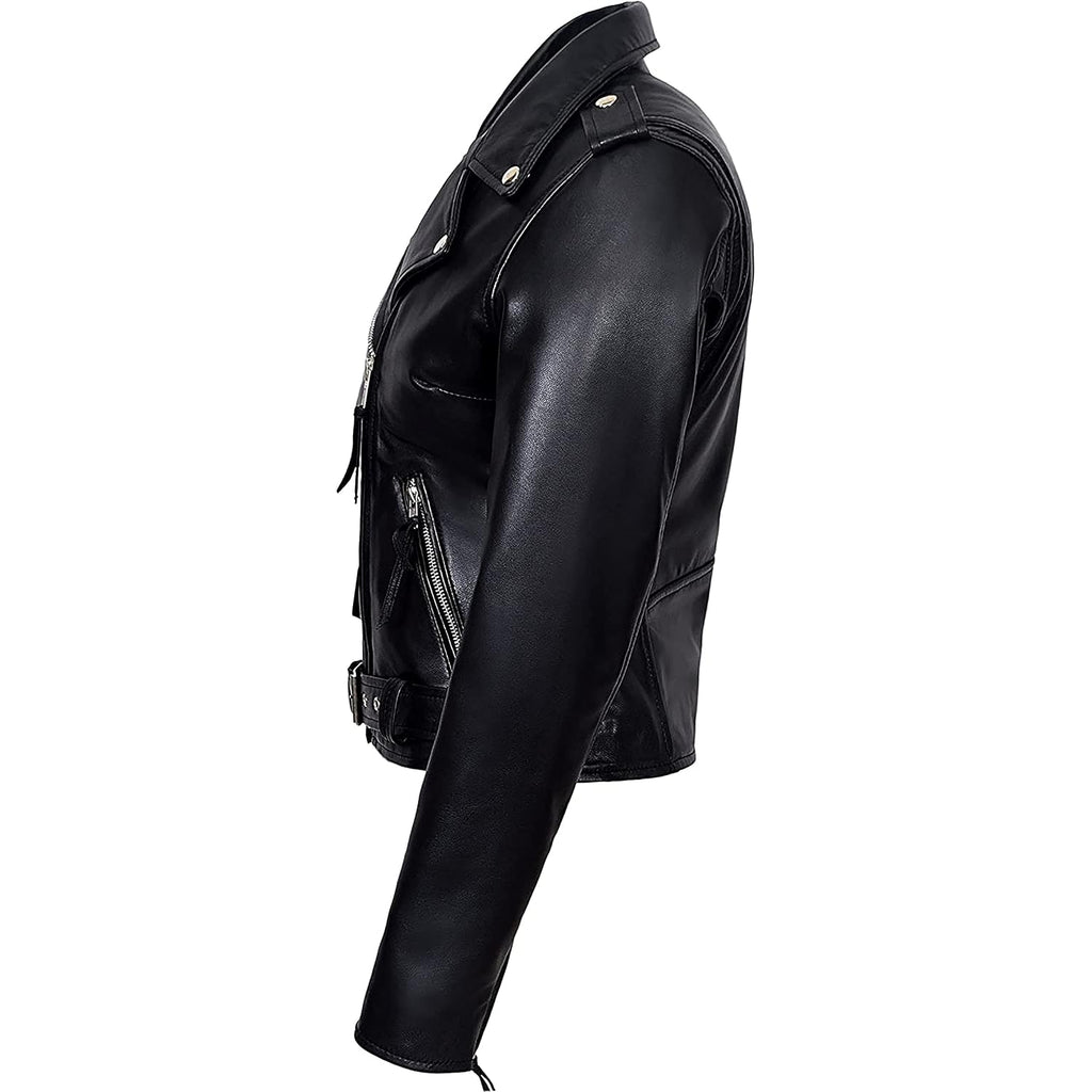 Valentine Romance Ladies Black With Red Lining Real Leather Brando Fitted Urban Look Biker Jacket