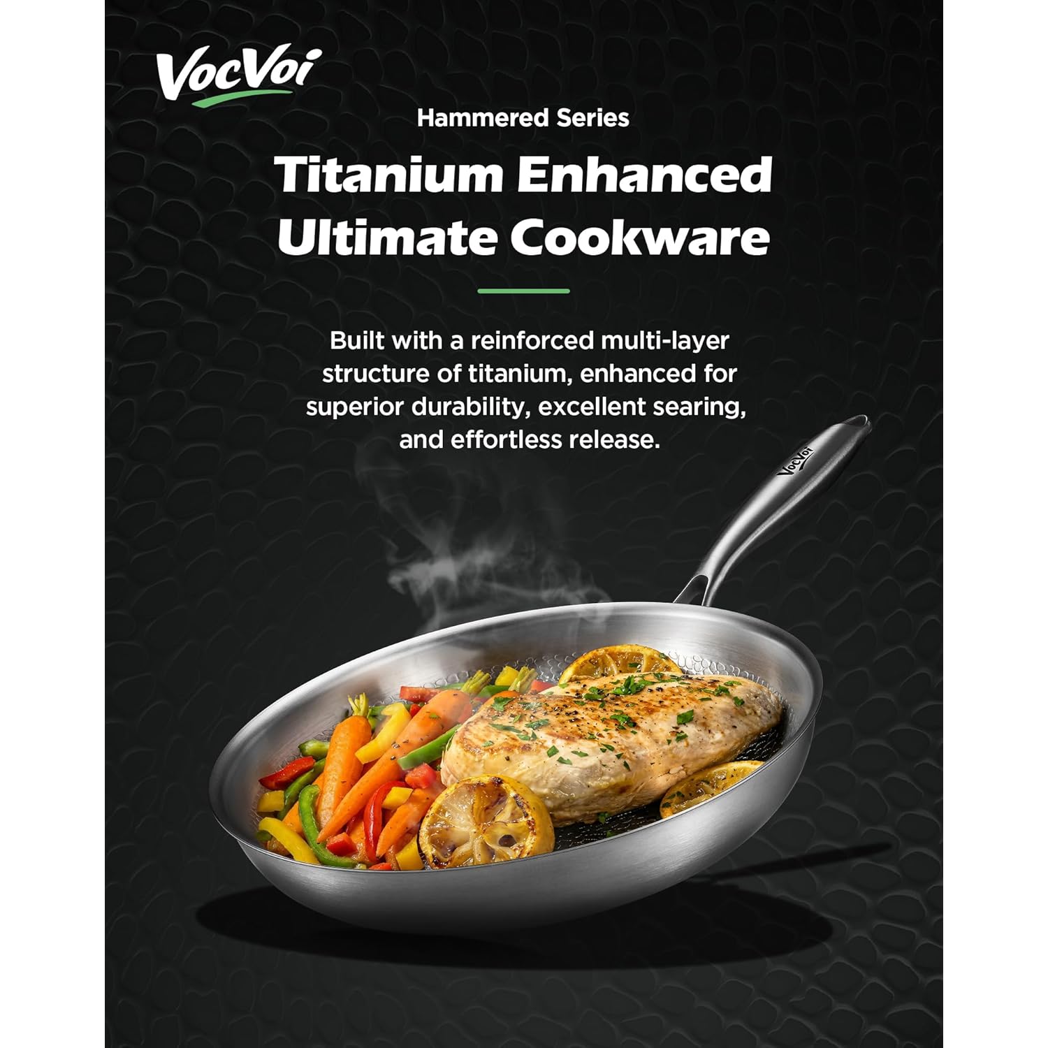 Titanium pans for cooking Non Stick,12" Uncoated Hammered titanium pro frying pan, PFAS Free Cookware, Butter warmer skillet, Induction & Oven-Safe