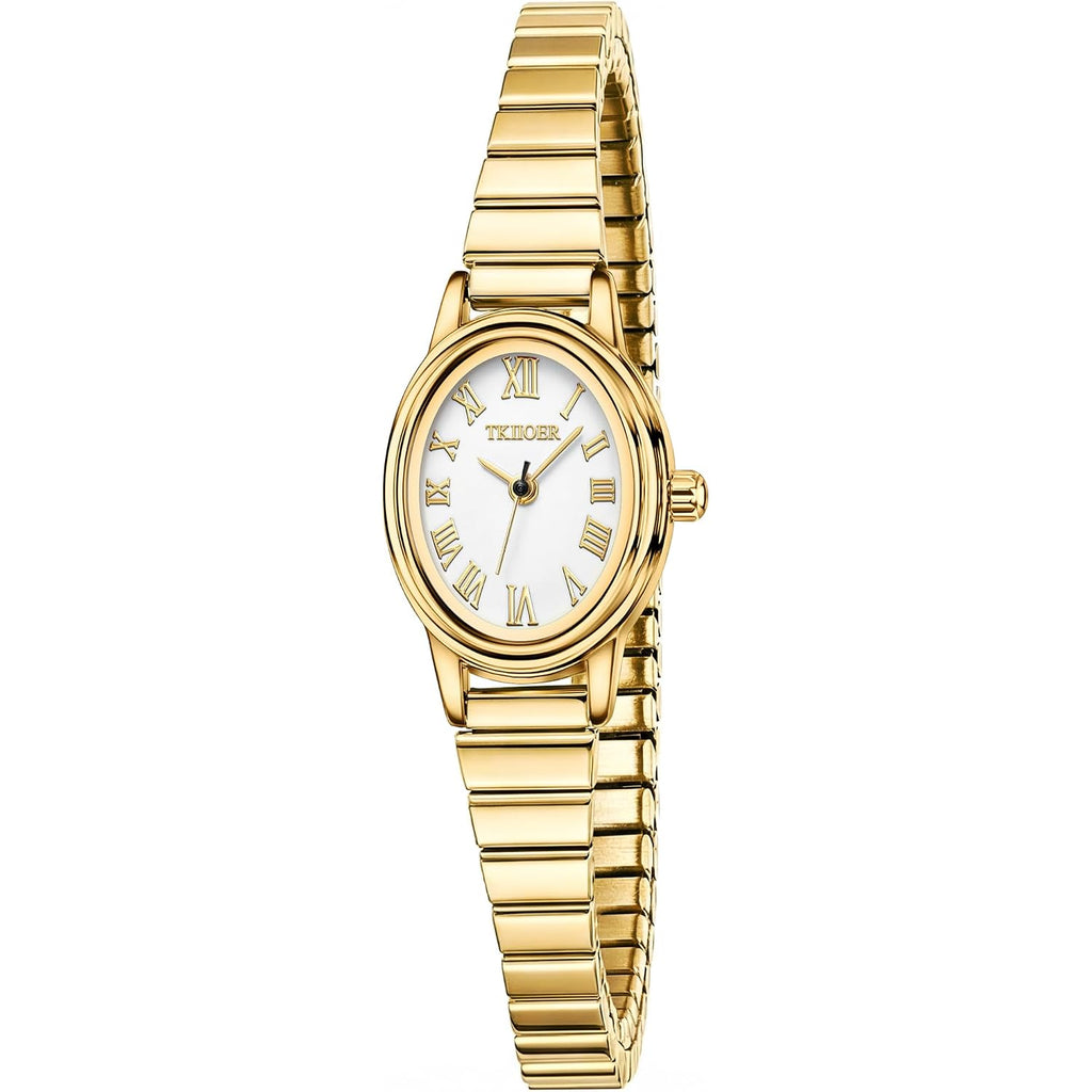 Small Gold Watches For Women, Easy To Read Dial Ladies Analog Watch, Oval Case, Stainless Steel Expansion Band, Waterproof Watch