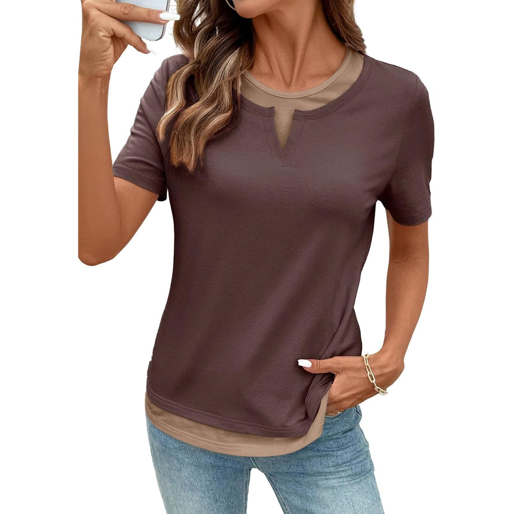 SHEWIN Womens Tops Casual Crewneck Color Block Short Sleeve Mock Double Layer T-Shirt Summer Outfits for Women 2026