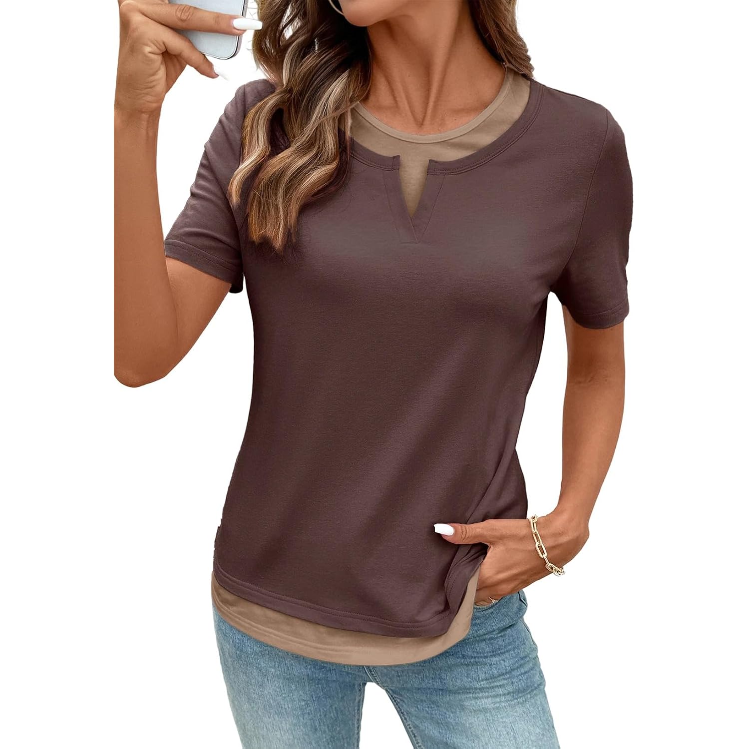SHEWIN Womens Tops Casual Crewneck Color Block Short Sleeve Mock Double Layer T-Shirt Summer Outfits for Women 2026