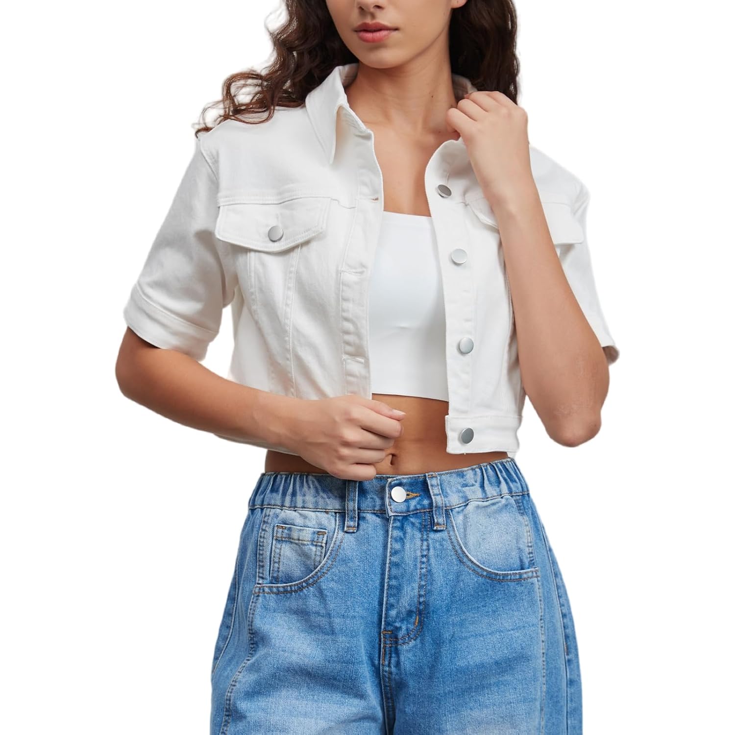 Women Cropped Denim Jacket Short Sleeves Button Down Jean Jackets Trucker Coats