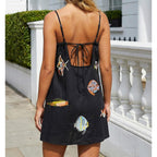 Women Boho Mini Cami Dress Graffiti Spaghetti Strap Aline Fruit Dress Cute Colofrul Short Beach Sundress